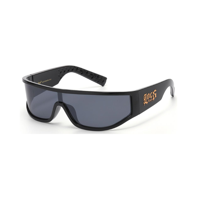 Black sunglasses with a logo on a white background