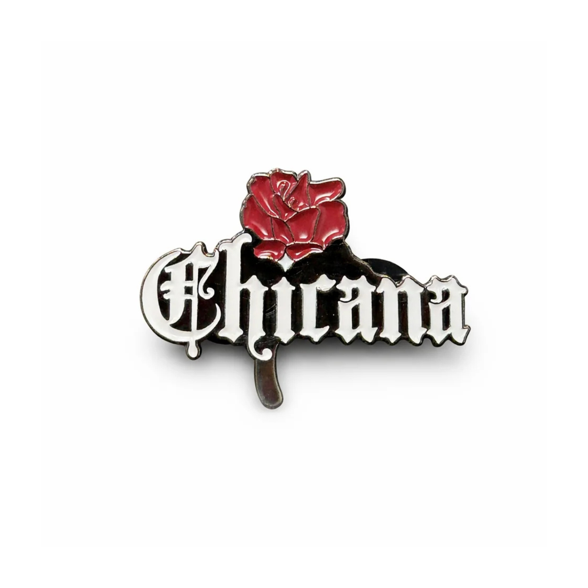 Pin with red rose and 'Chicana' text on a white background
