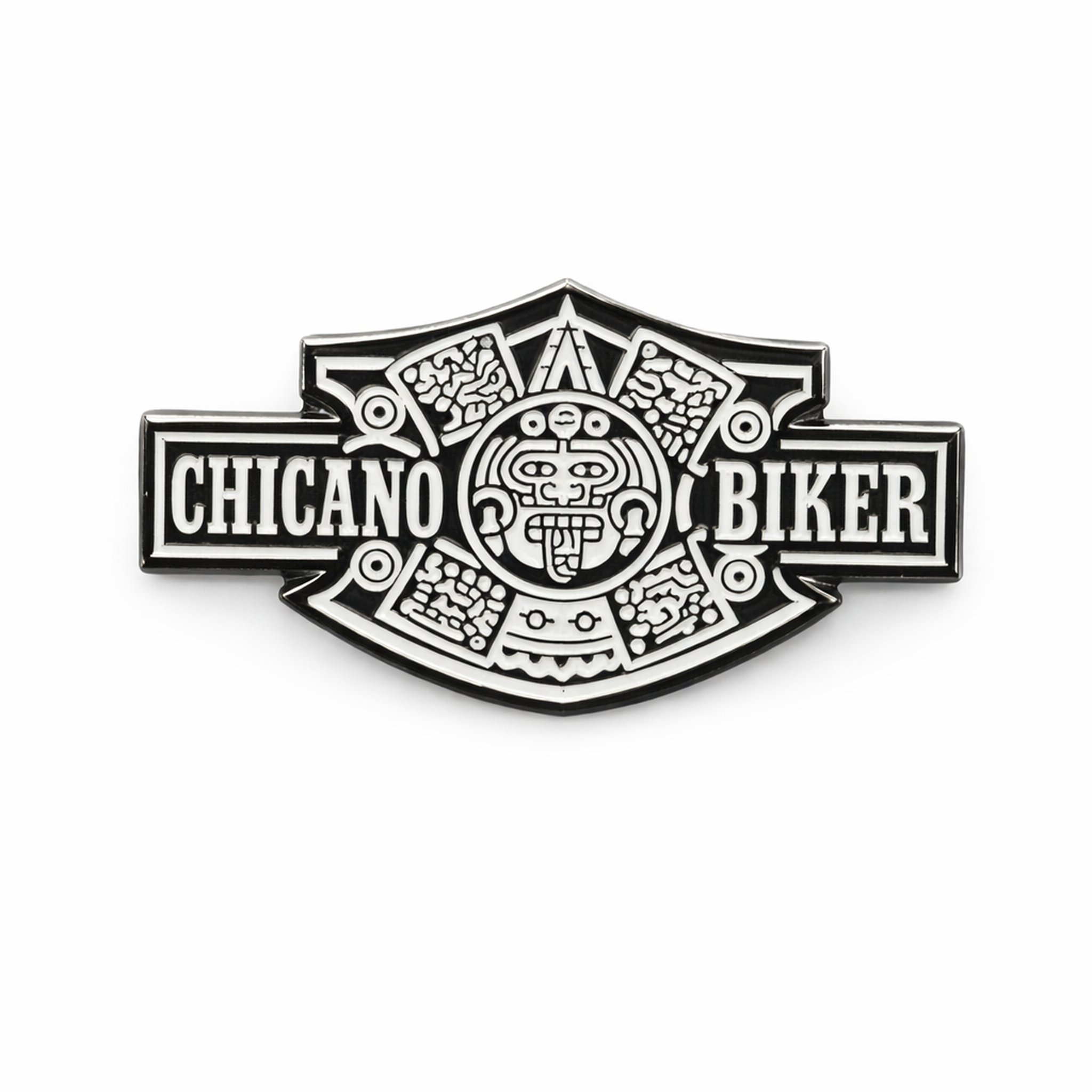 Chicano Biker metal lapel pin with Aztec-inspired design in black and silver, Chicano lowrider cap accessory