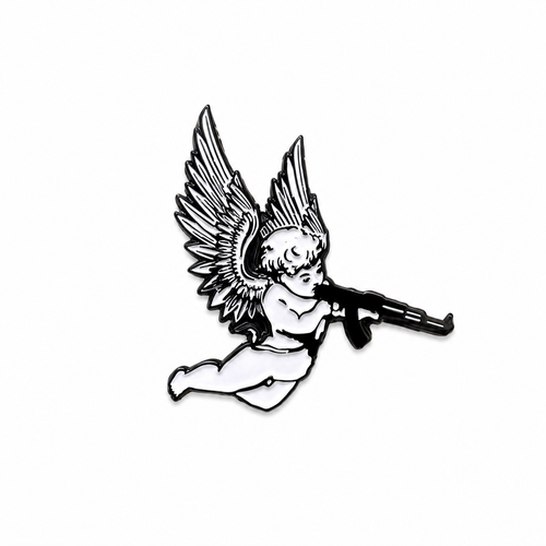 Black and white illustration of an angel holding a gun on a white background