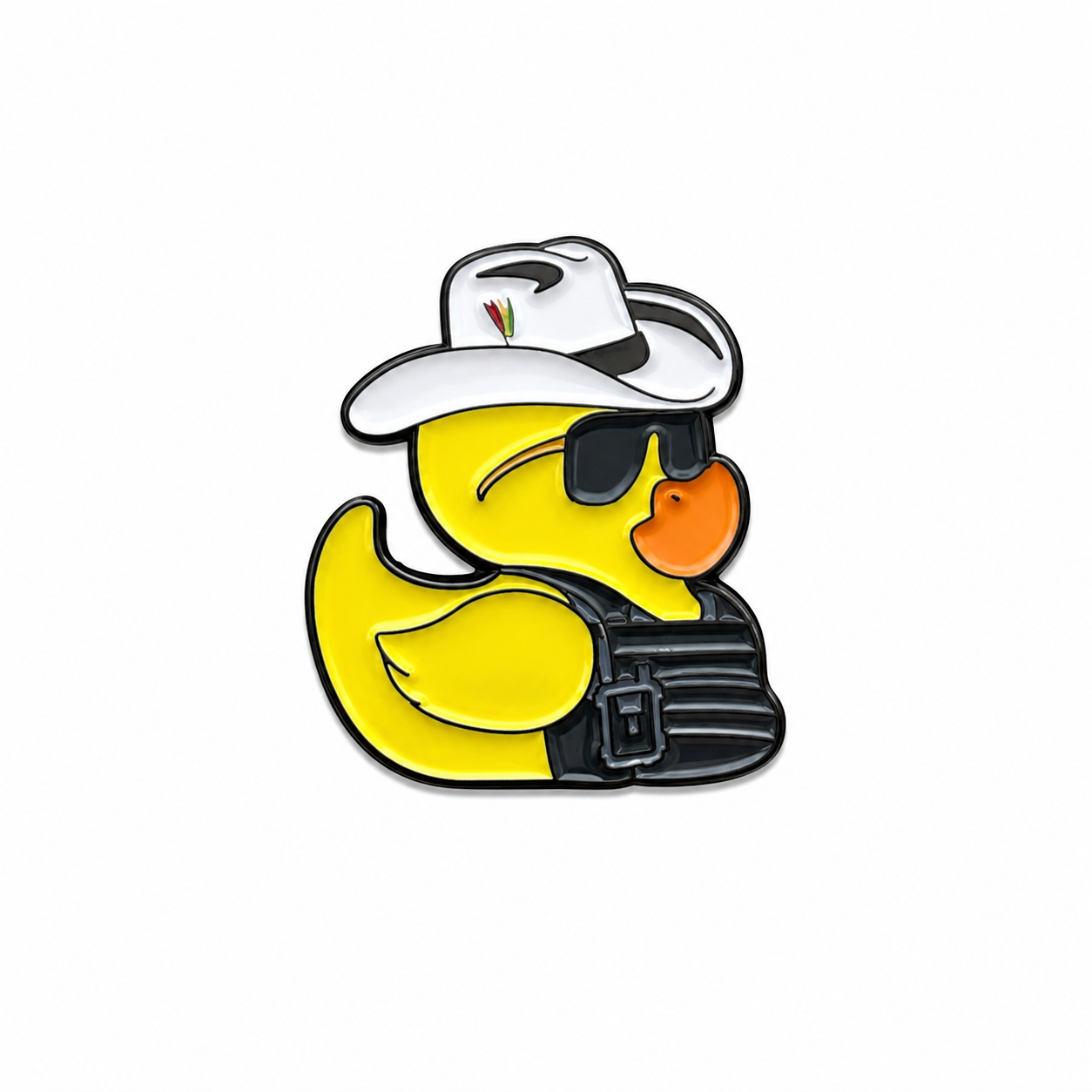 Yellow rubber duck wearing a white cowboy hat, sunglasses, and a black vest on a white background
