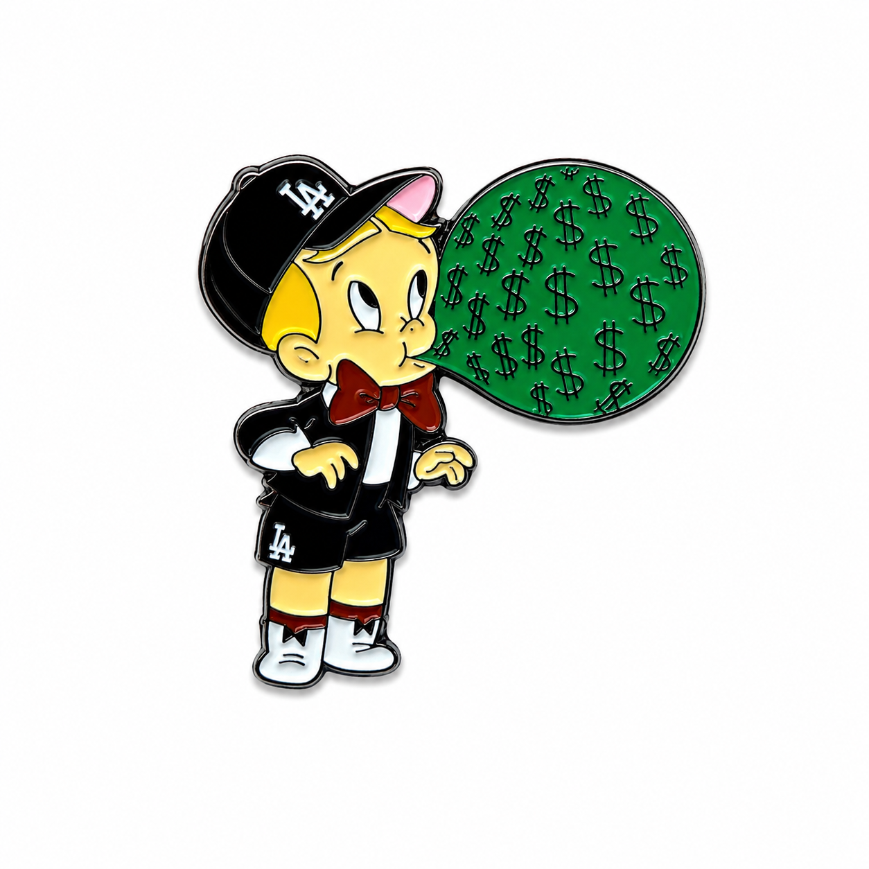 Rich kid blowing a green bubble with dollar signs on a white background