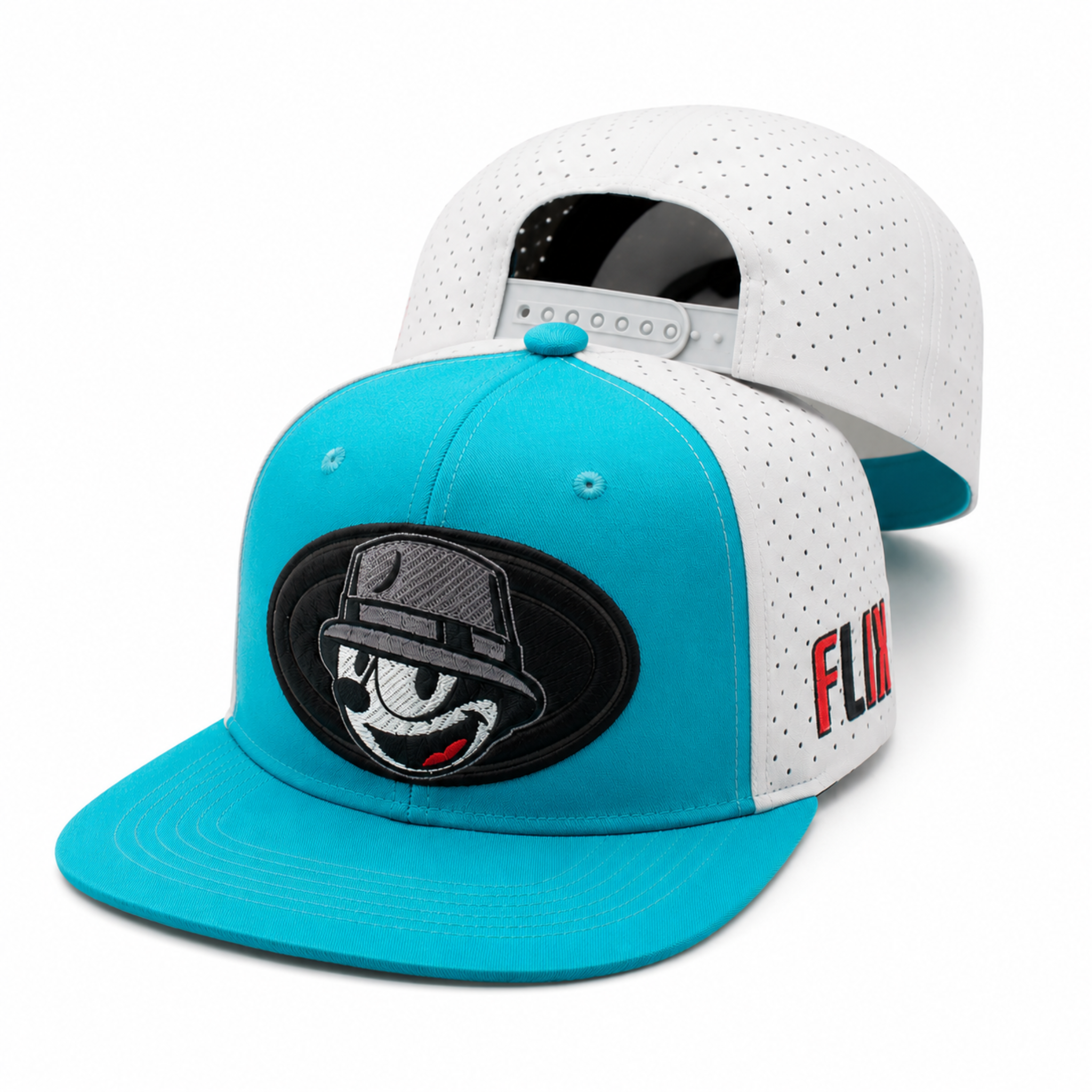 felix the cat snapback hat – flat bill embroidered adjustable cap in teal and white