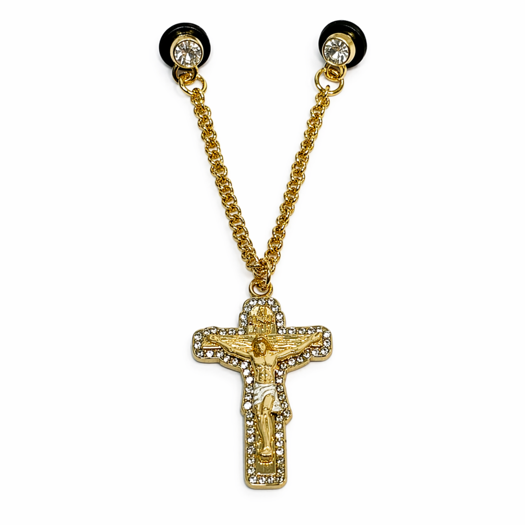 Gold Jesus cross bling cap chain with rhinestones attached to snapback hat, cadena para gorra accessory