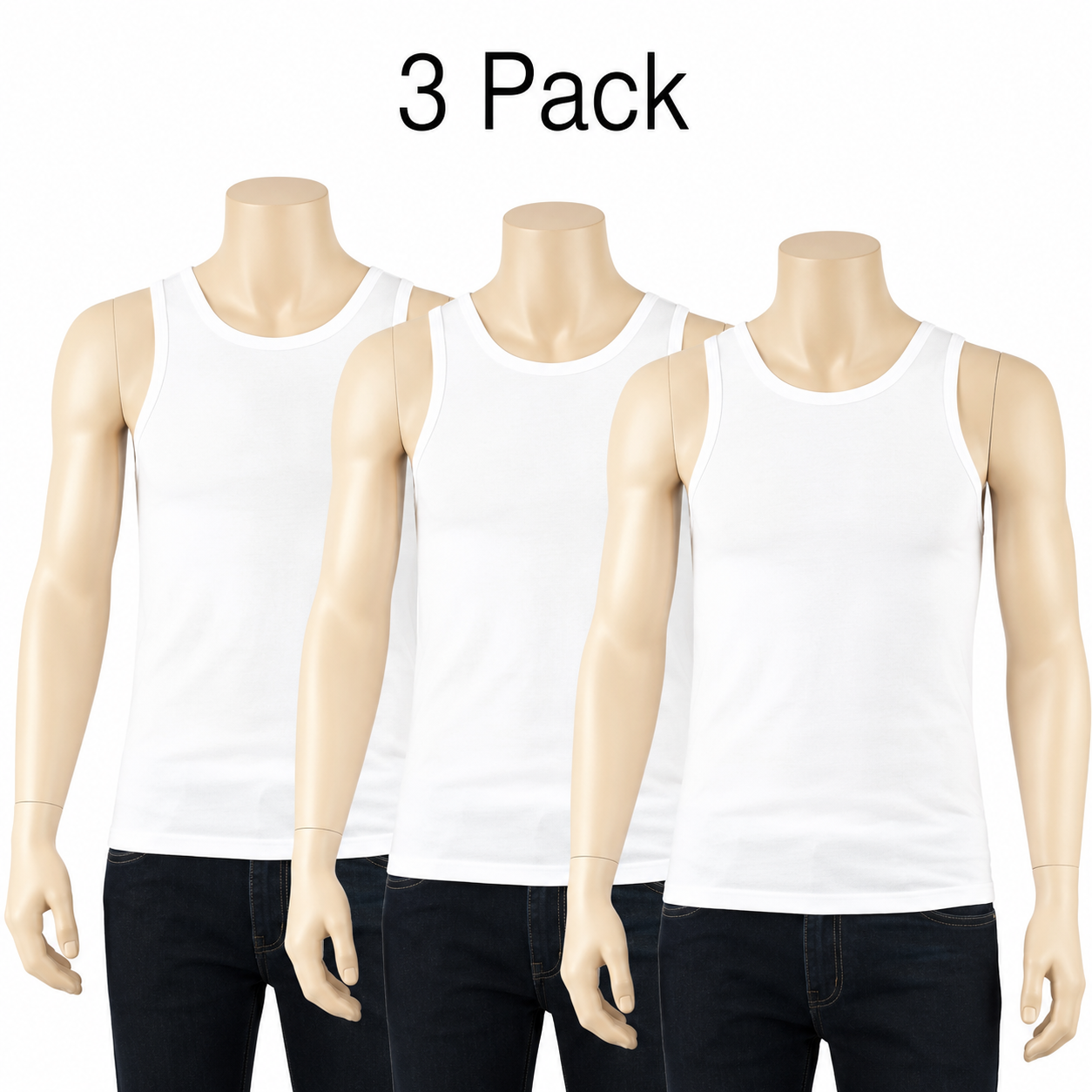 Three white tank tops on mannequins with '3 Pack' text above.
