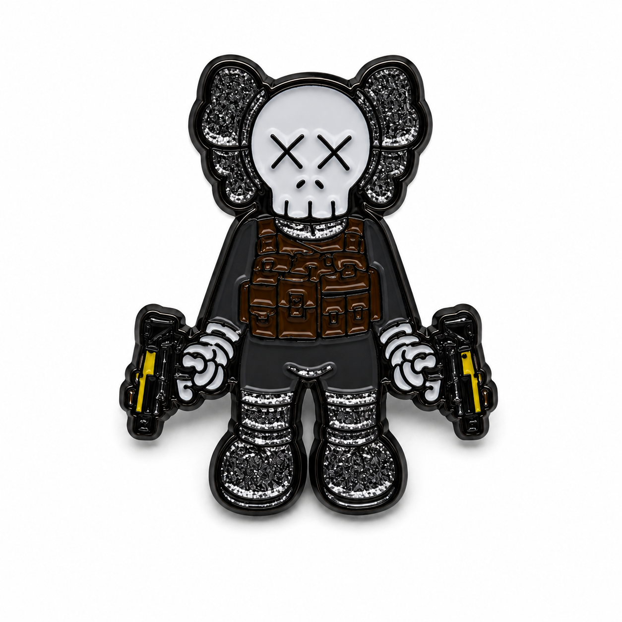 kaws clown enamel pin black nickel skull character with x eyes tactical vest dual pistols
