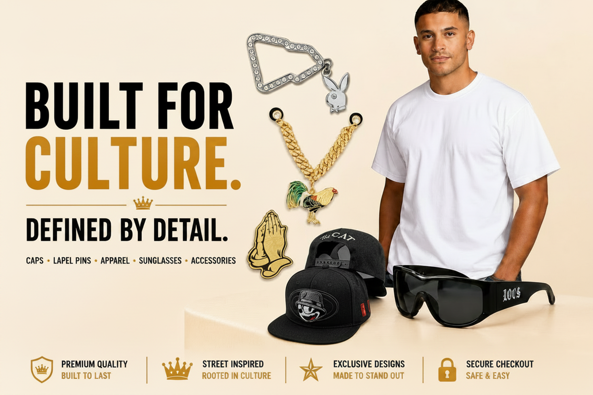 Reyes Caps homepage hero banner with Built for Culture text, a man in a white T-shirt, black cap, black sunglasses, and accessory pins.