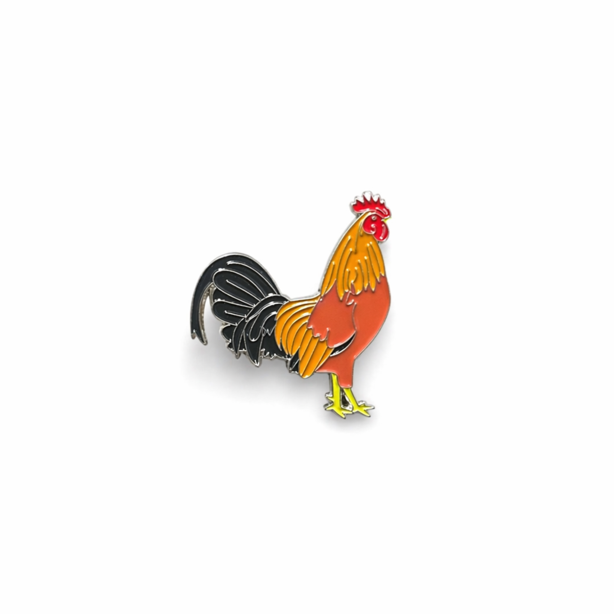 Rooster enamel cap pin in red, black, and gold colors front view on white background