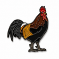 rooster enamel pin black nickel rooster with red comb brown feathers black tail and gold wing details