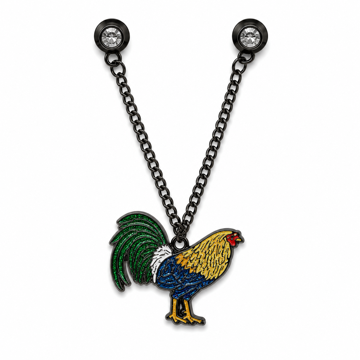 rooster gallo bling metal cap chain black nickel rooster charm with glitter green tail blue body gold feathers red comb rhinestone clips