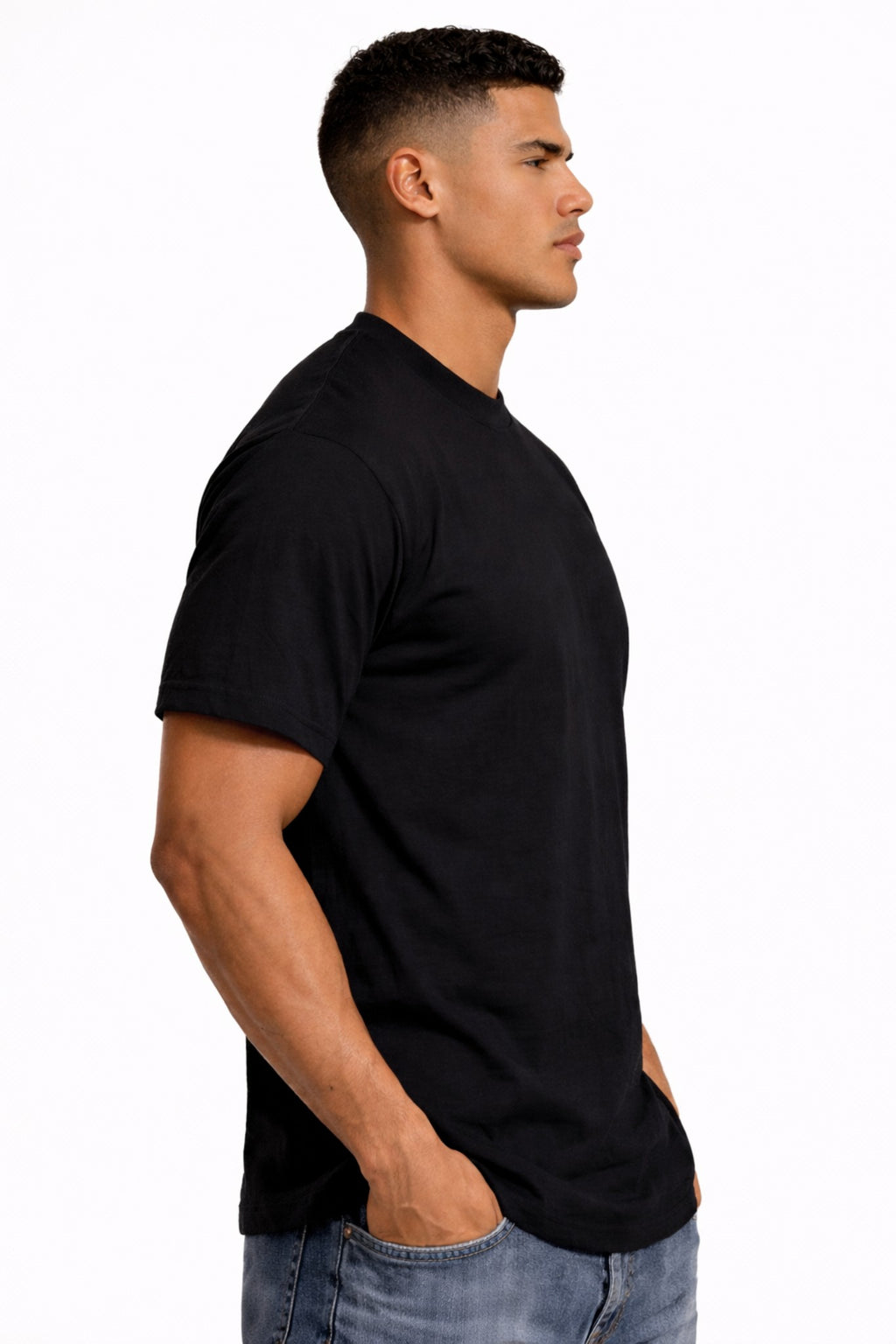Pro Crux men’s black short sleeve cotton T-shirt side view