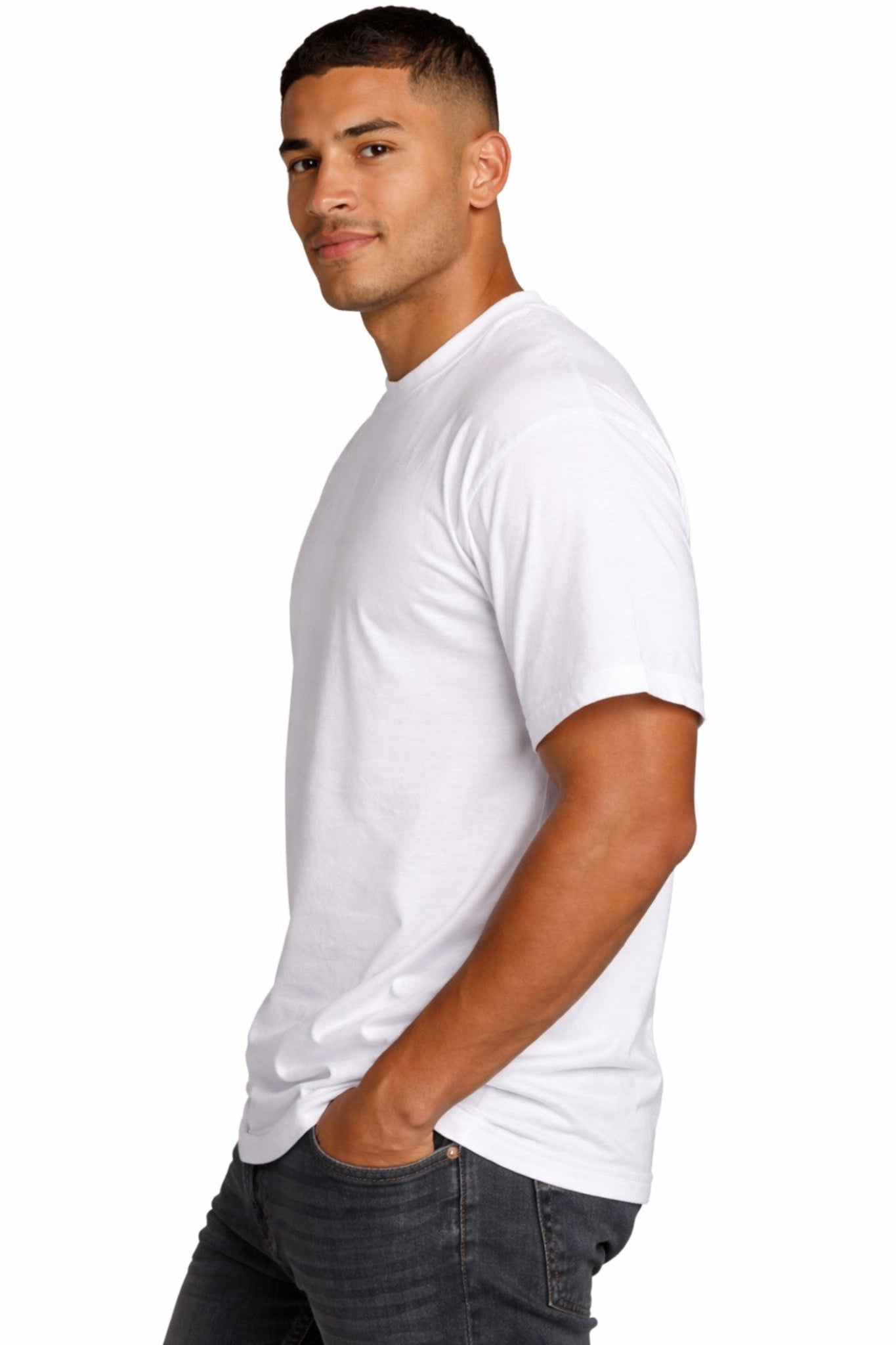 Pro Crux men’s white short sleeve cotton T-shirt side view